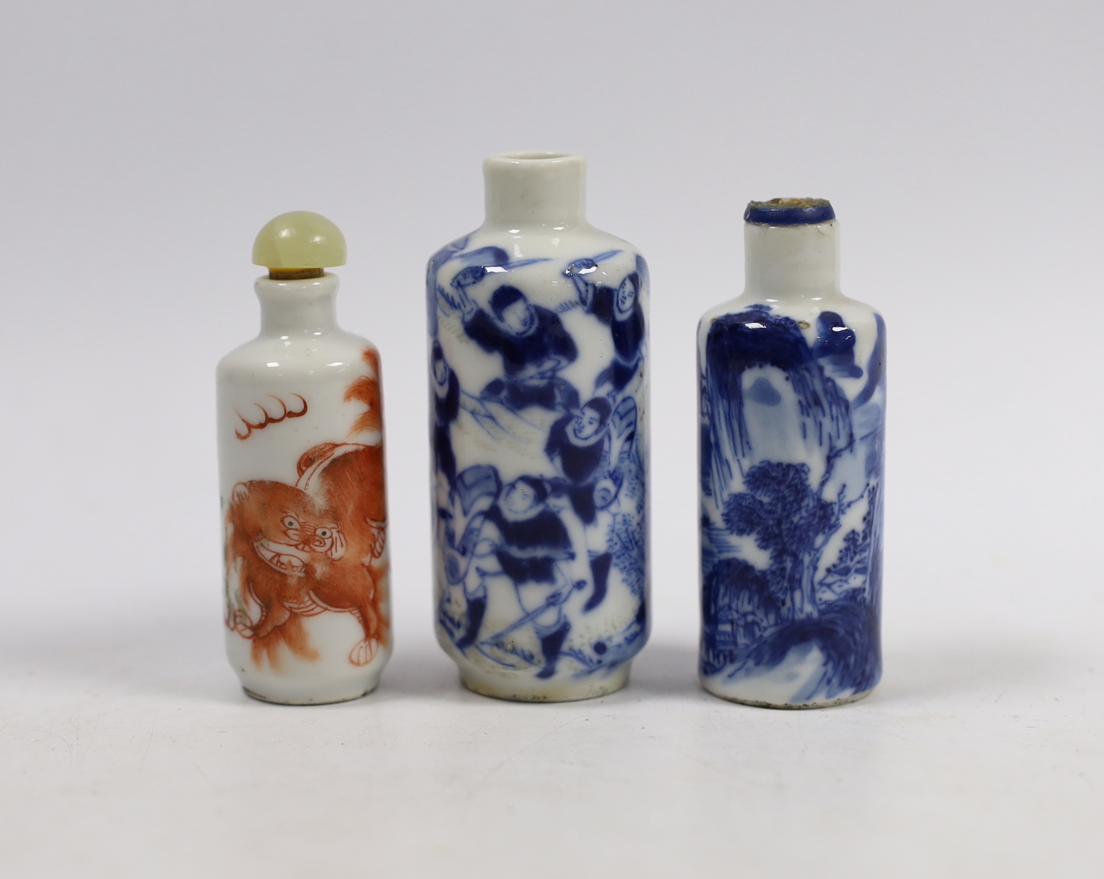 Three late 19th century Chinese porcelain snuff bottles, tallest 8cm